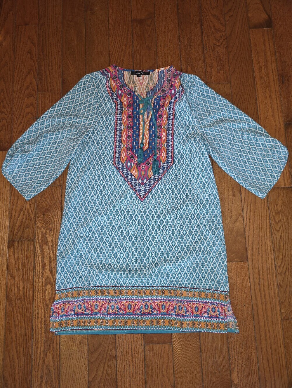 Boho Embroidered Aqua Mini Dress with Multicolor Yoke